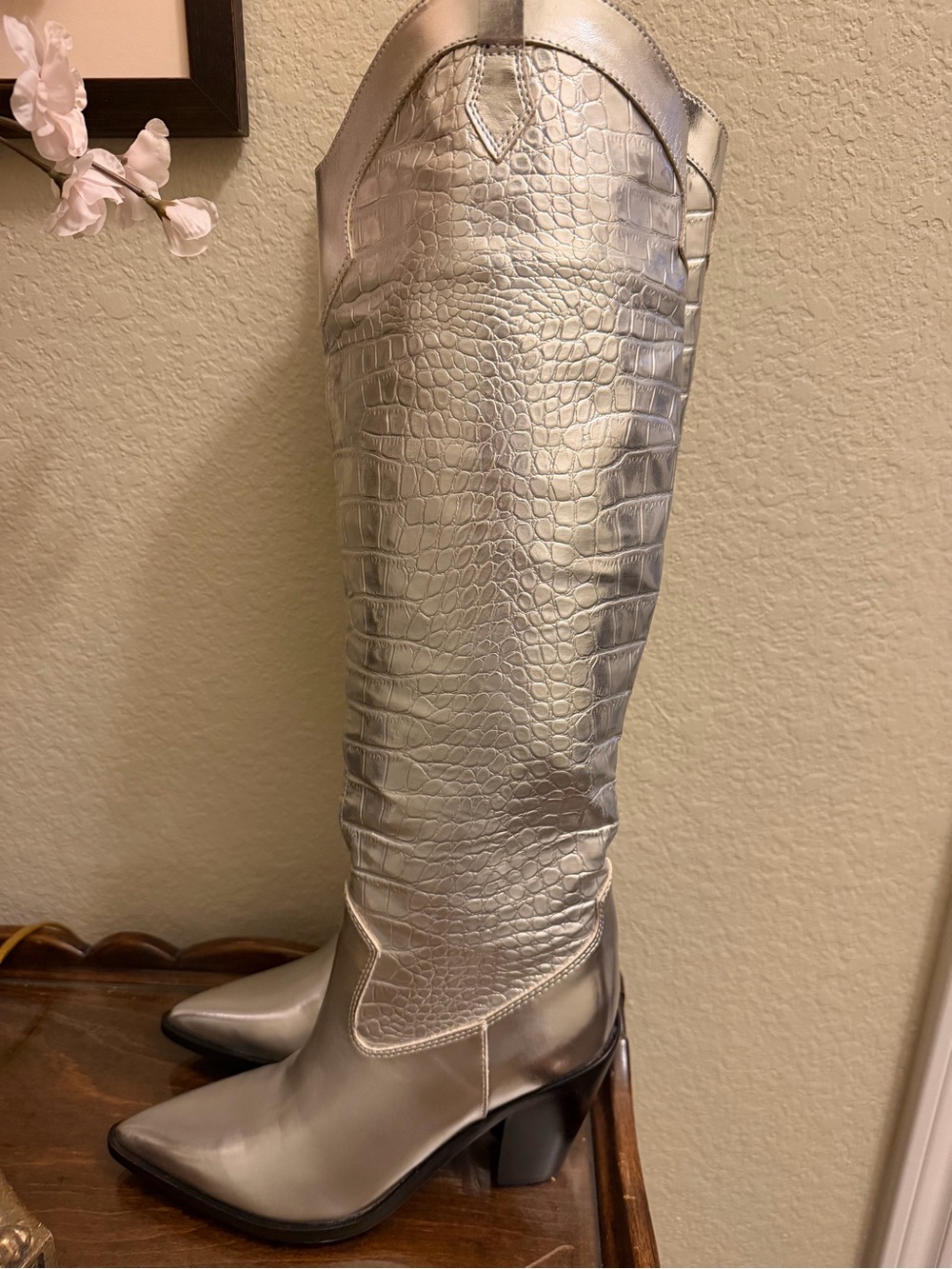Nine West Metallic Silver Croc-Embossed Knee Boots